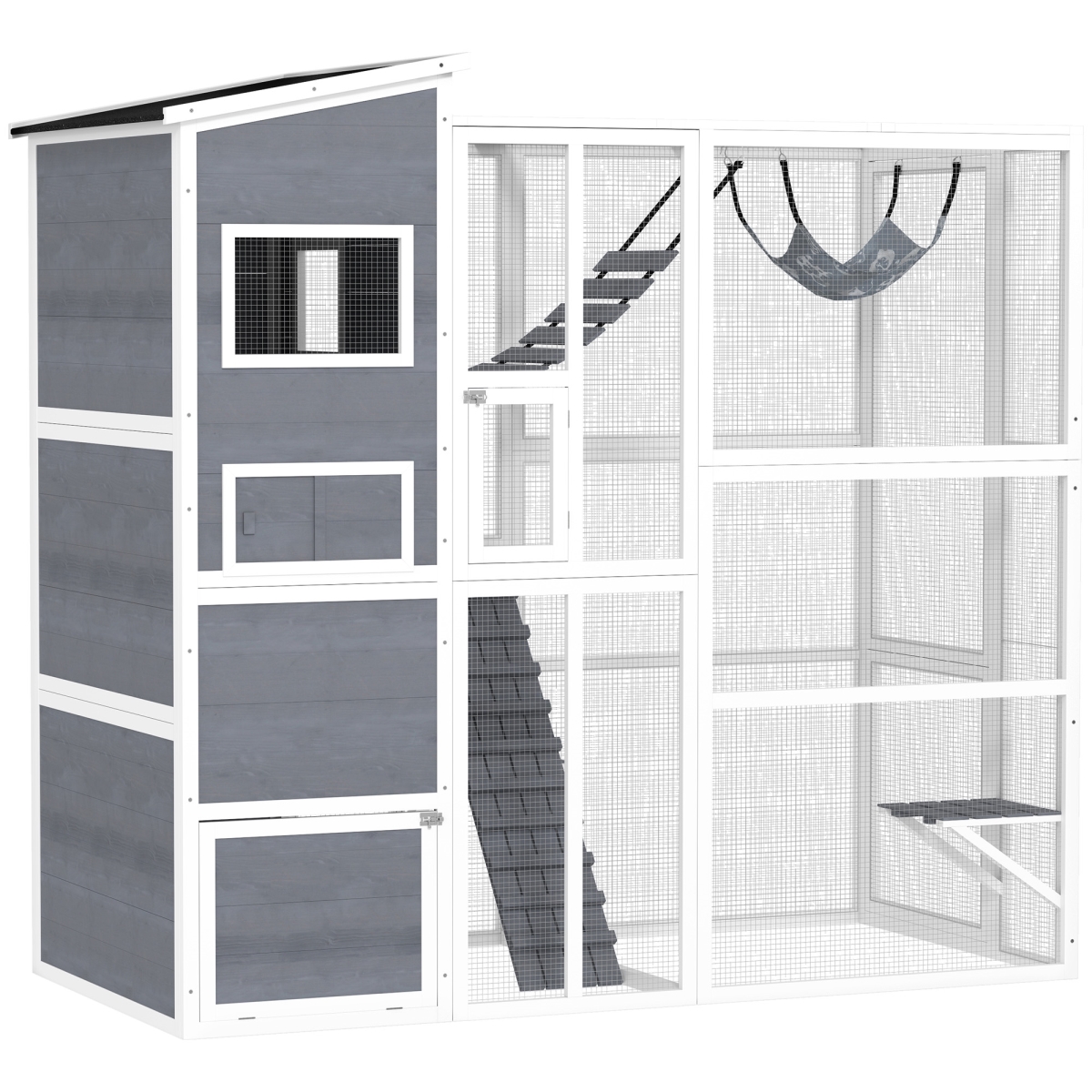 Picture of 212 Main D32-034V00GY PawHut Large Wooden Catio Outdoor - Cat Enclosure with 4 Tier Resting Rooms - 3 Platforms - 1 Soft Ladder - 2 Ramps - 1 Hammock&#44; Gray
