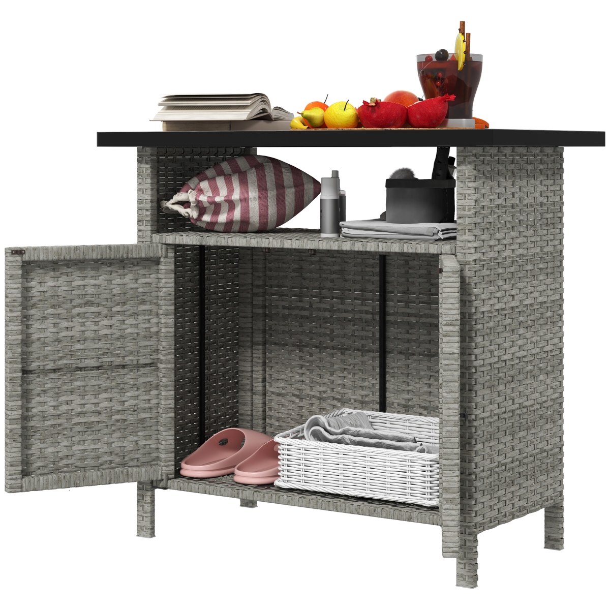 Picture of 212 Main 865-029V00GY Outsunny Wicker Outdoor Storage Cabinet with Two Doors & Shelf for Outdoor Pool Towel Storage&#44; Gray