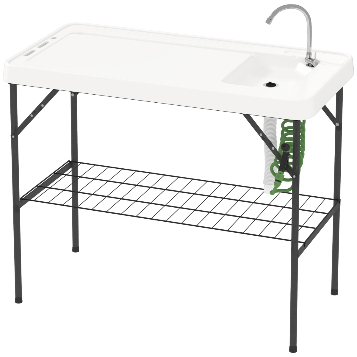 Picture of 212 Main A20-452V00WT Outsunny Folding Fish Cleaning Table with Sink - Portable Camping Table with Faucet - Drainage Hose - Sprayer & Shelf&#44; White