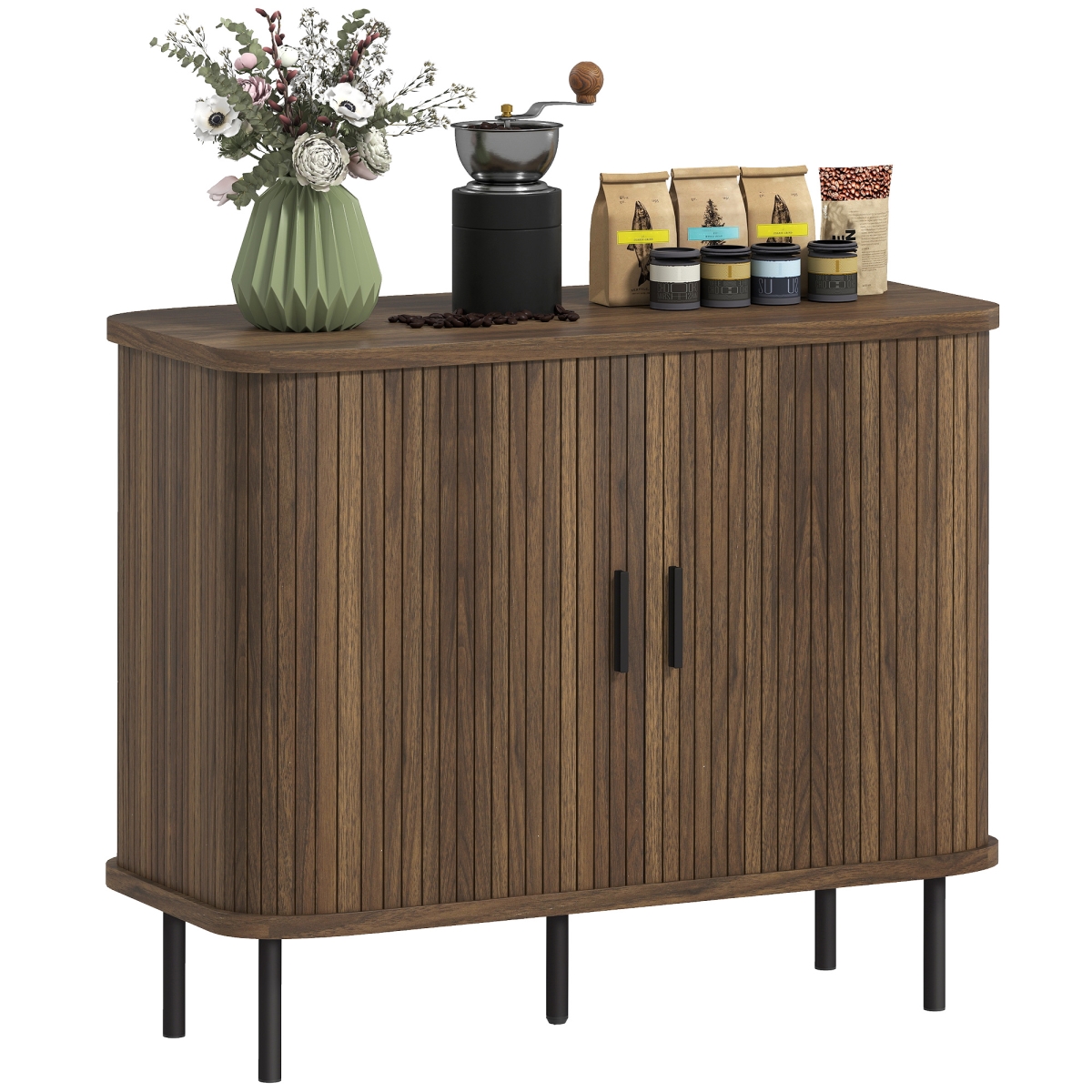 35.4 in. HOMCOM Sideboard Buffet Cabinet with Storage, Nordic Coffee Bar Cabinet with Slatted Tambour Doors & Metal Legs, Walnut & Black
