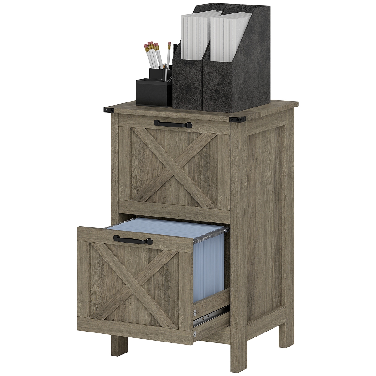 924-098V80GY HOMCOM Vertical File Cabinet with 2 Drawers, Rustic Farmhouse Office Storage Cabinet for A4 Letter Size - Distressed Gray