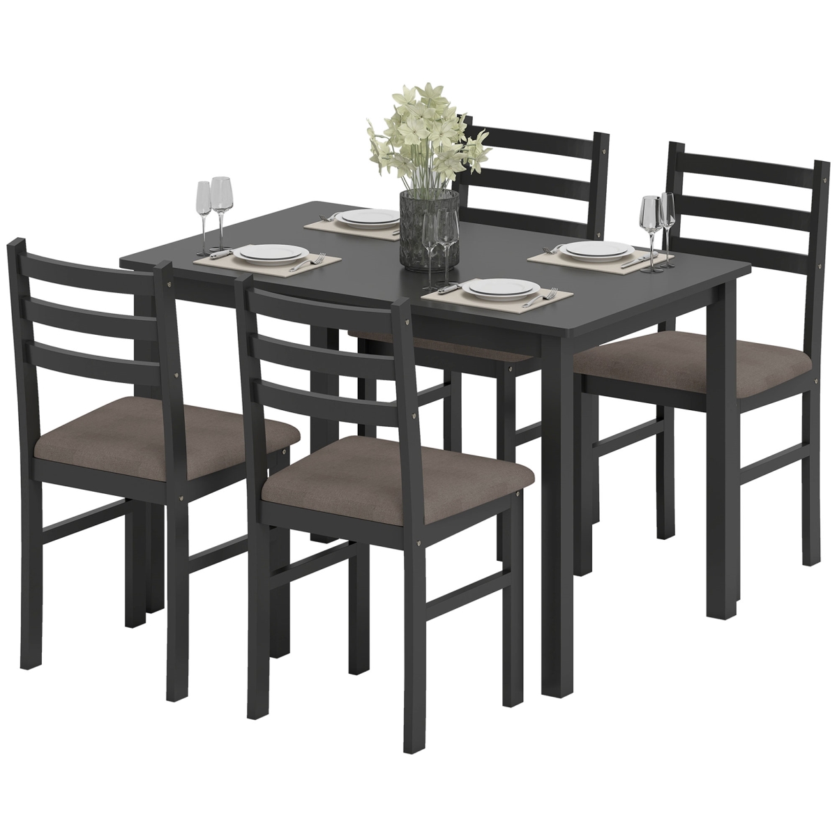 HOMCOM Small Kitchen Table, Farmhouse Dining Table Set with Upholstered Chairs & Rubber Wood Legs, Black & Clay- Set of 4 - 5 Piece