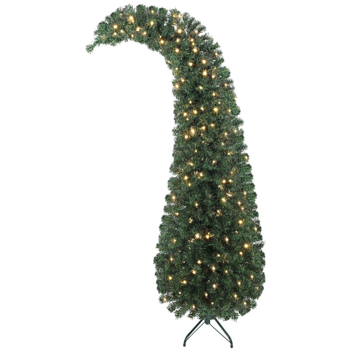 83C-083V81GN 6 ft. HOMCOM Prelit Bent Top Christmas Tree, Whimsical Xmas Tree Slim High Mountain Fir with 200 LEDs & Metal Stand, Green