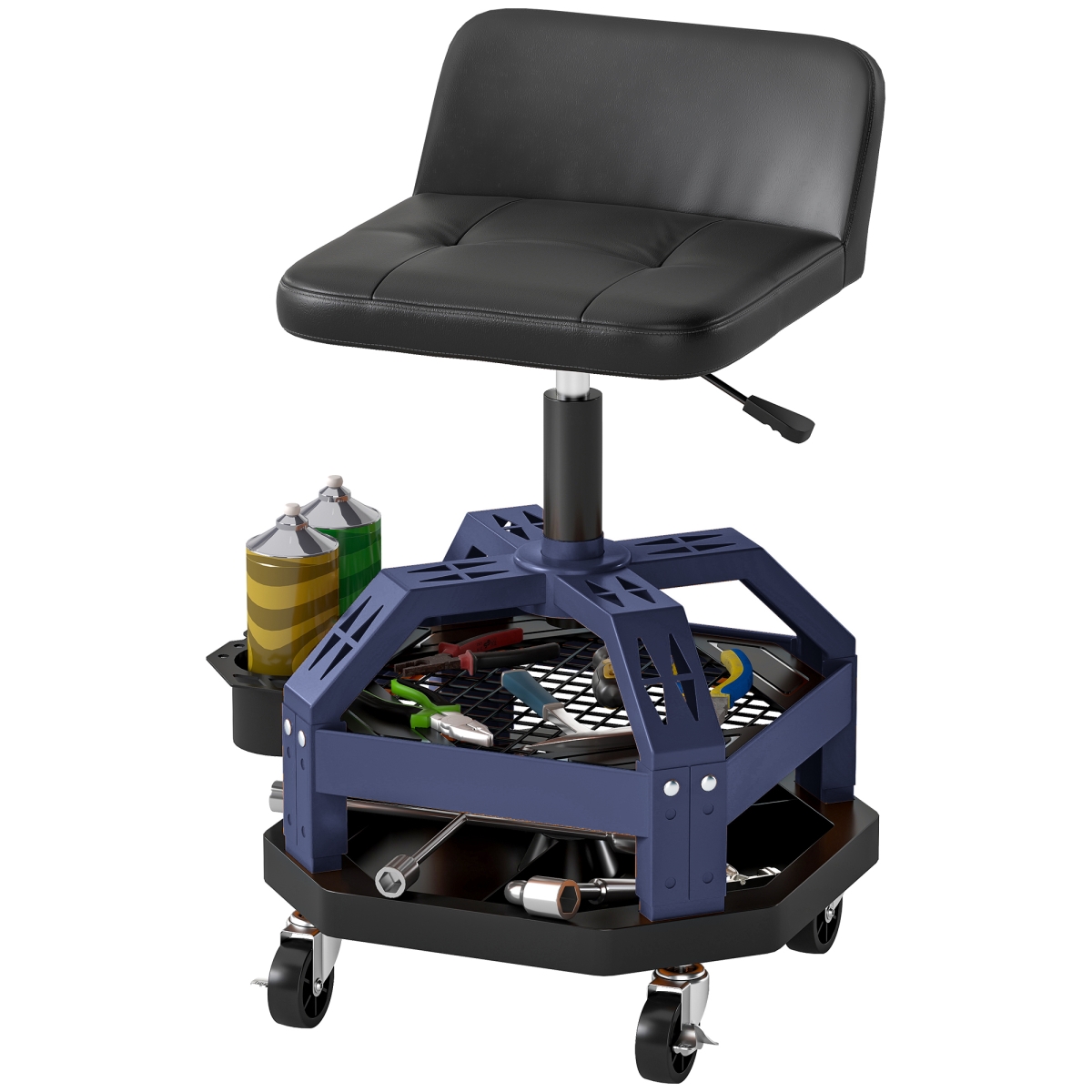 HOMCOM Rolling Creeper Garage Stool, 300 lbs Capacity Mechanic Stool with 360 Degree Wheels, Tool Tray & Adjustable Height - Blue