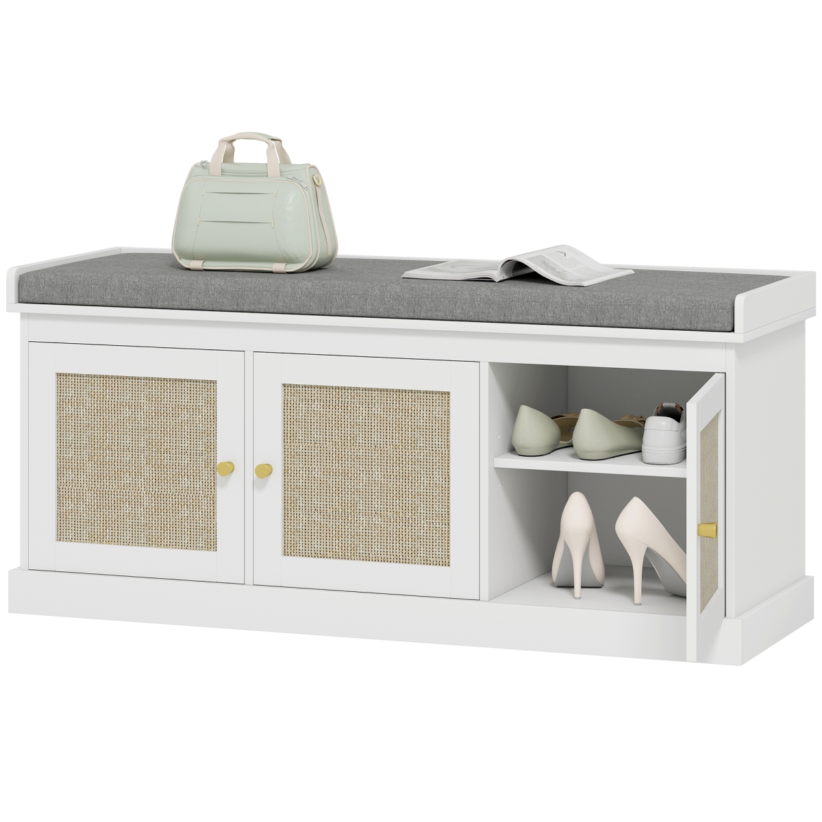 837-604V80WT HOMCOM Shoe Storage Bench with Woven Rattan Doors, Shoe Bench with Cushion, Adjustable Shelves & Entryway Bench - White & Gray