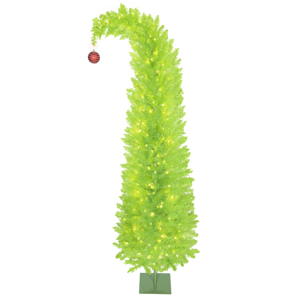 83C-146V82GN 7 ft. HOMCOM Bent Top Whimsical Christmas Tree, Pencil Xmas Tree with Red Ball, Metal Base Prelit with 250 LED Lights - Green