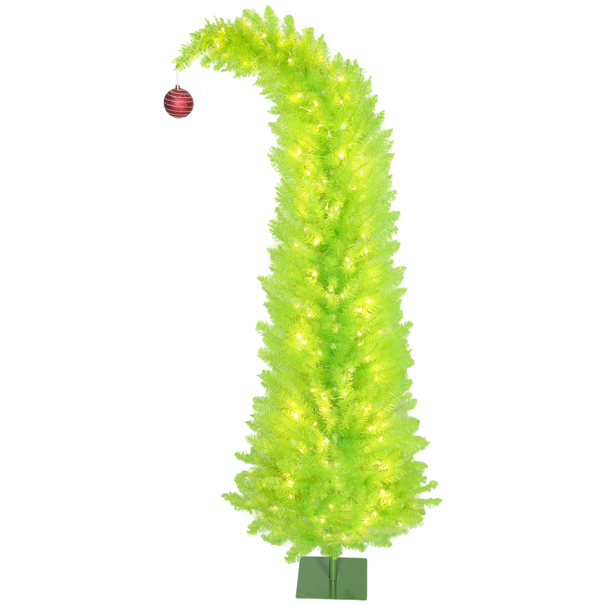 83C-146V81GN 6 ft. HOMCOM Bent Top Whimsical Christmas Tree, Pencil Xmas Tree with Red Ball, Metal Base Prelit with 230 LED Lights - Green