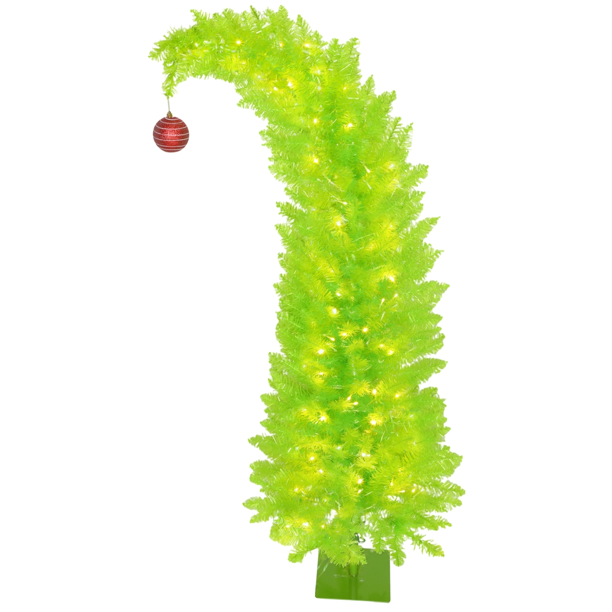 83C-146V80GN 5 ft. HOMCOM Bent Top Whimsical Christmas Tree, Pencil Xmas Tree with Red Ball, Metal Base Prelit with 200 LED Lights - Green