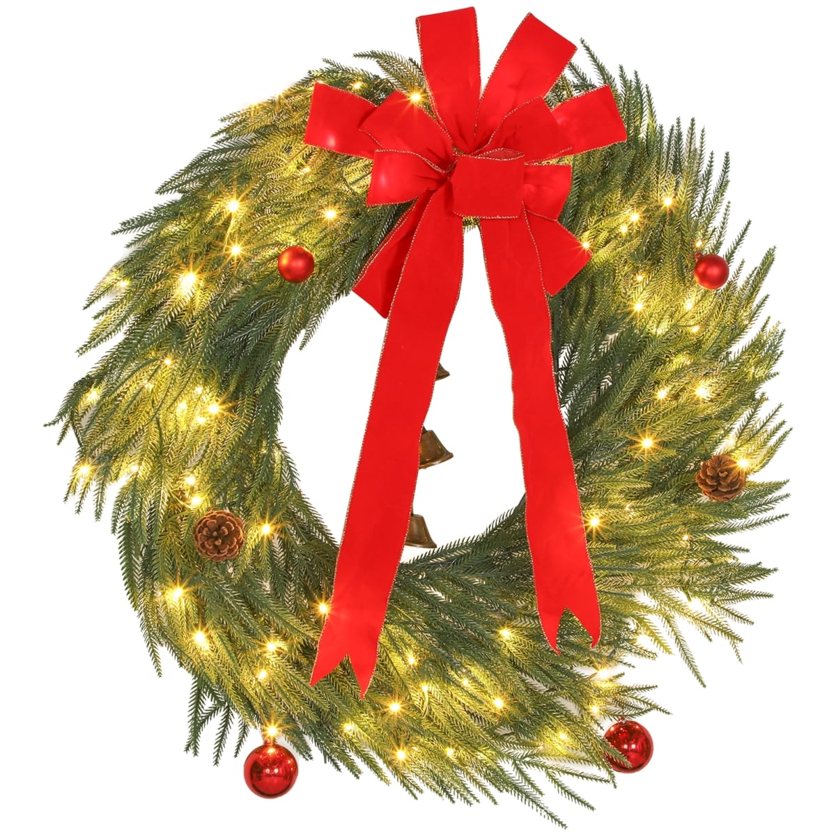 36 in. HOMCOM Christmas Wreath for Front Door with LED Lights, Prelit Christmas Wreath with 8 Modes & Ornaments - Green, White & Red