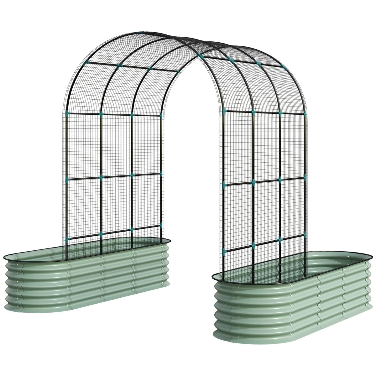 Outsunny Raised Garden Beds Set with Arch Trellis, Climbing Net, Galvanized Planter Box for Climbing Vegetables Flowers Herbs - Green