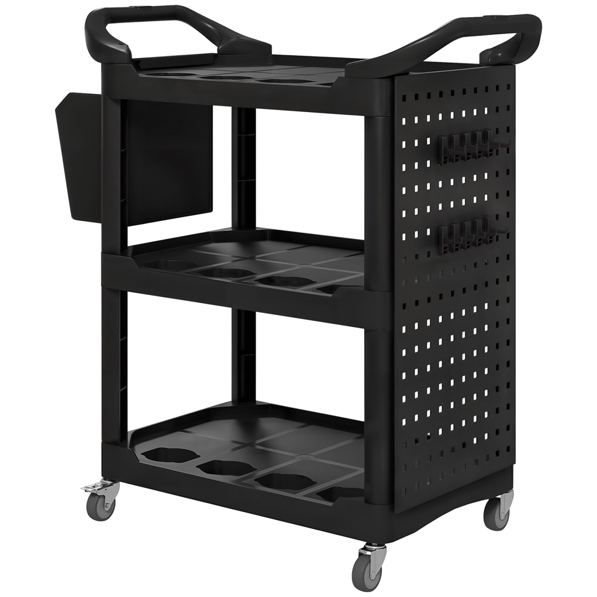 B20-114V01BK HOMCOM 3-Tier Rolling Tool Cart, 200 lbs Capacity Plastic Utility Cart with Side Shelf & Storage Bucket, Black