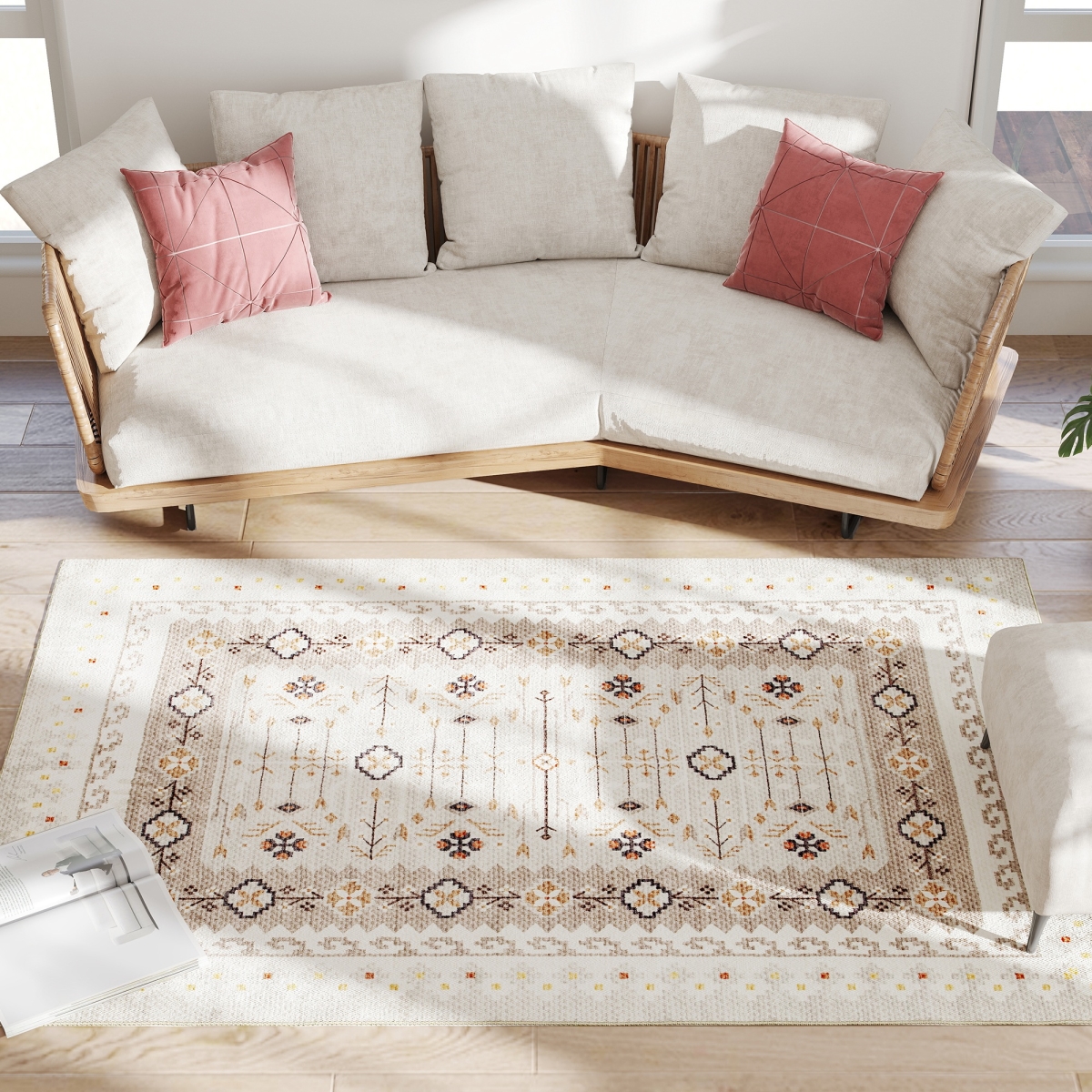 83C-018V00CW 4 x 6 ft. HOMCOM Machine Washable Area Rug - Non-Slip Boho Flannel Print Floor Carpet for Living Room, Bedroom & Dining Room - Brown