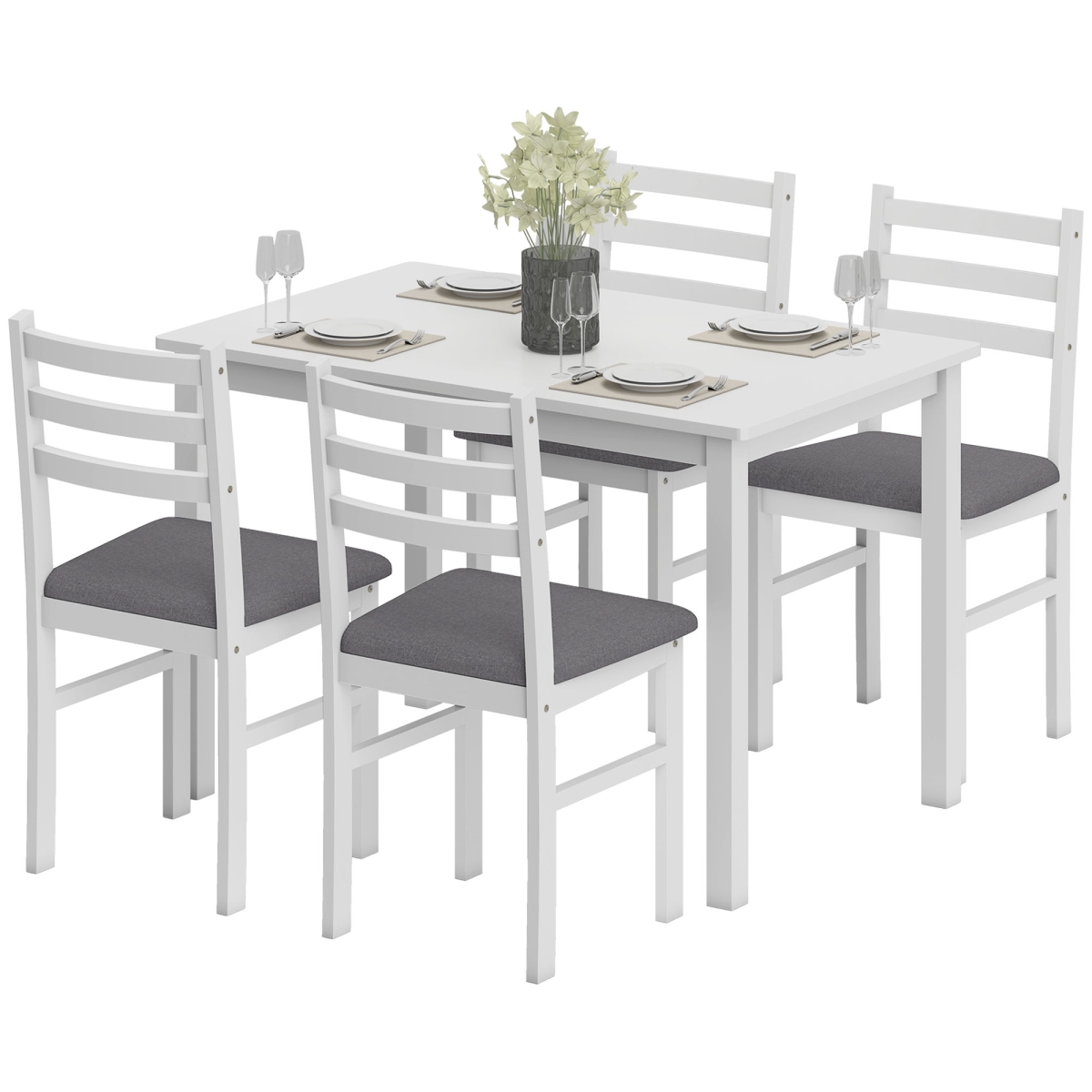83A-294V80WT HOMCOM 5-Piece Small Kitchen Table - Farmhouse Dining Table Set with Upholstered Chairs & Rubber Wood Legs, White & Gray - Set of 4