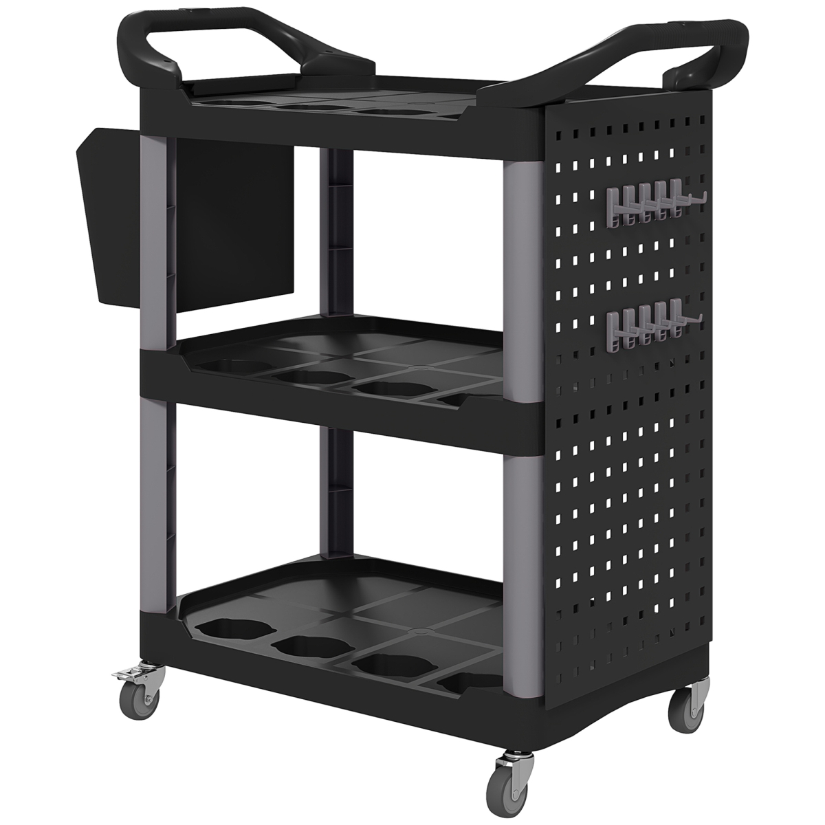 B20-114V01LG HOMCOM 3-Tier Rolling Tool Cart, 200 lbs Capacity Plastic Utility Cart with Side Shelf & Bucket, Black & Light Gray