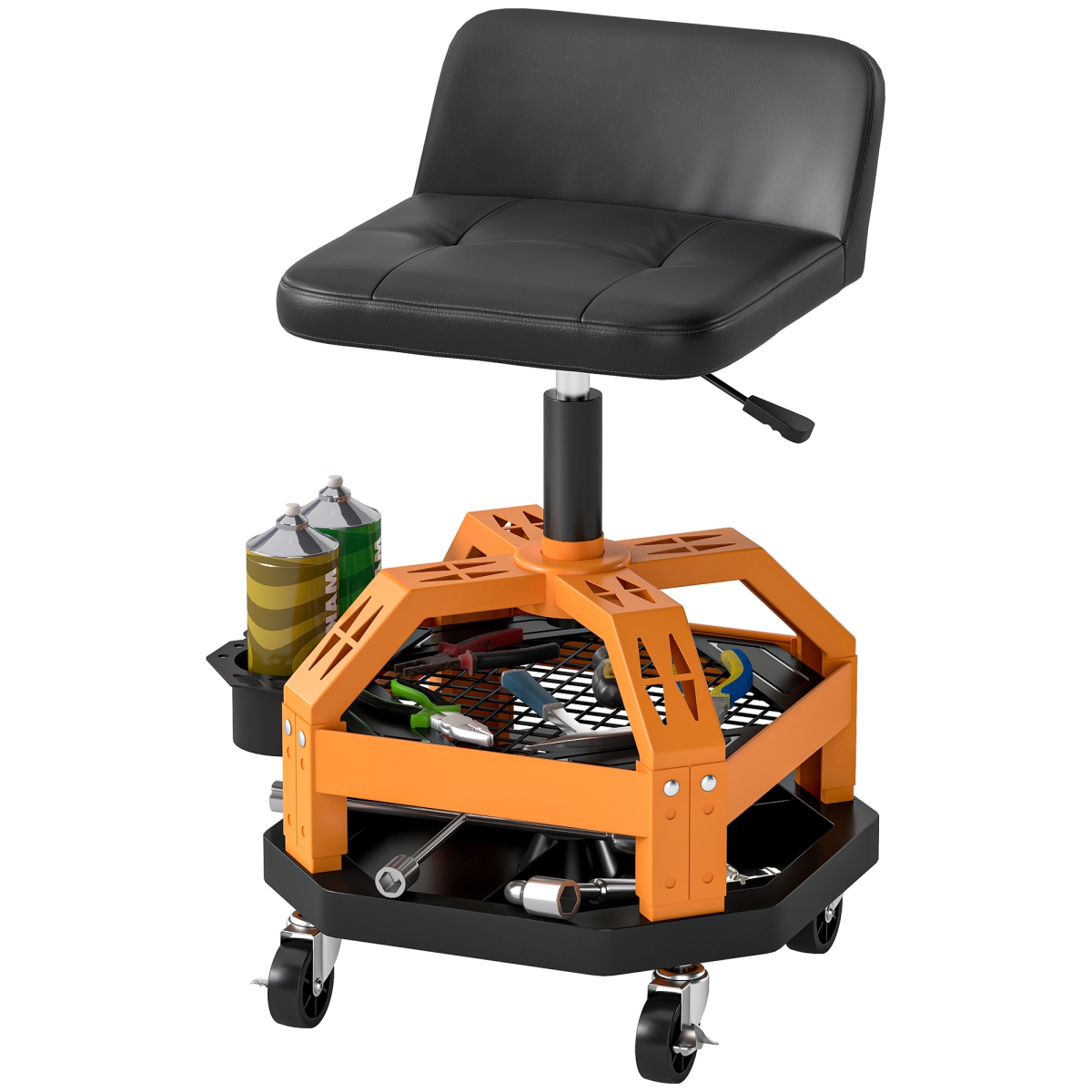 HOMCOM Rolling Creeper Garage Stool - 300 lbs Capacity Mechanic Stool with 360 Degree Wheels, Tool Tray, Adjustable Height - Yellow