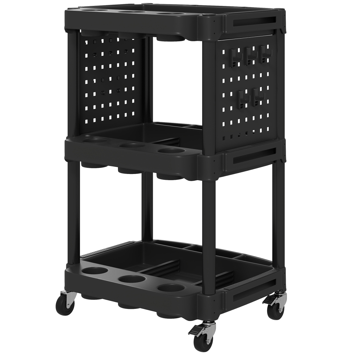 B20-115V00BK HOMCOM 3-Tier Rolling Tool Cart, 200 lbs Capacity Plastic Utility Cart with Side Shelves for Garage, Workshop - Black