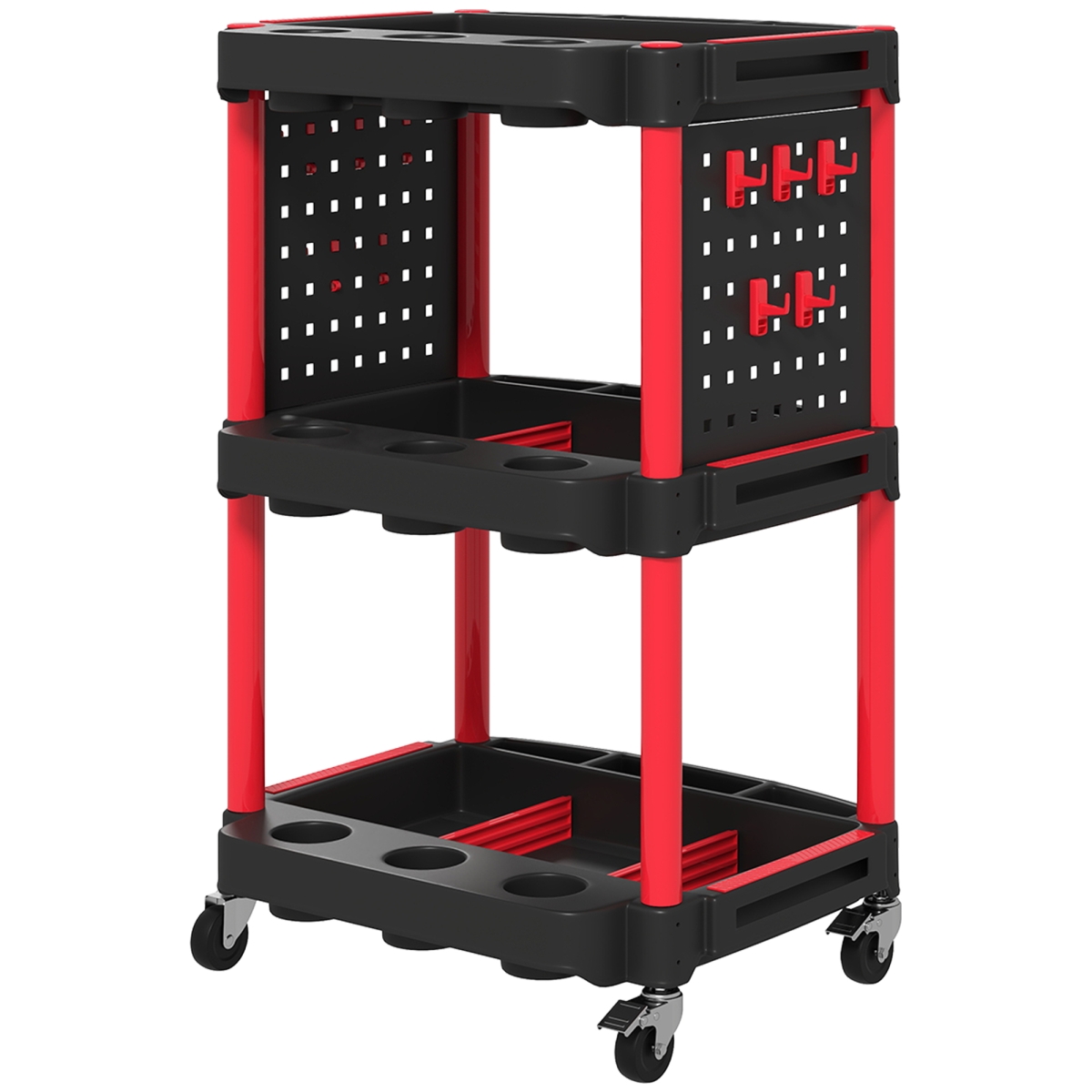 B20-115V00RD HOMCOM 3-Tier Rolling Tool Cart, 200 lbs Capacity Plastic Utility Cart with Side Shelves for Garage, Workshop - Black & Red