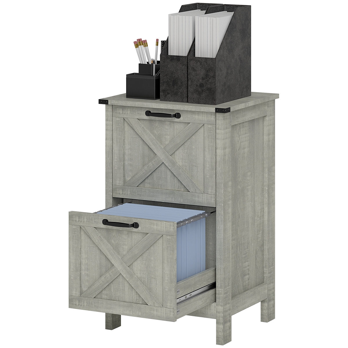 924-098V80LG HOMCOM Vertical File Cabinet with 2 Drawers, Rustic Farmhouse Office Storage Cabinet for A4 Letter Size - Distressed Light Gray
