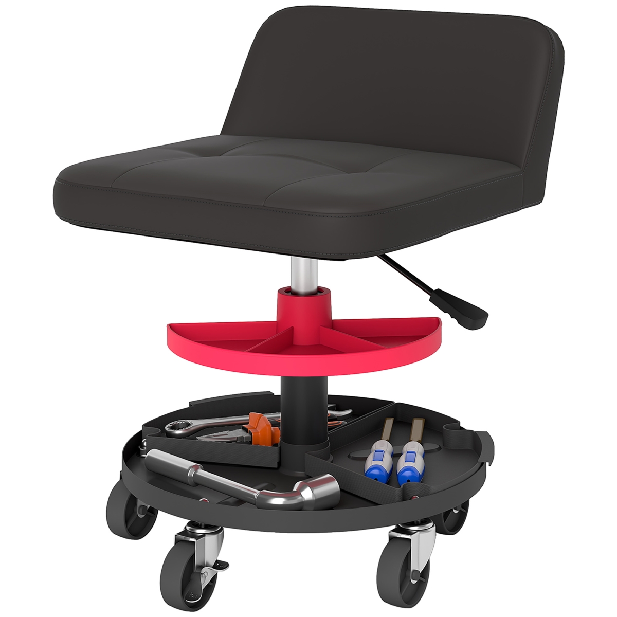 HOMCOM Rolling Creeper Garage Stool - 300 lbs Capacity Mechanic Stool with 360 Degree Wheels, Tool Tray, Adjustable Height - Black
