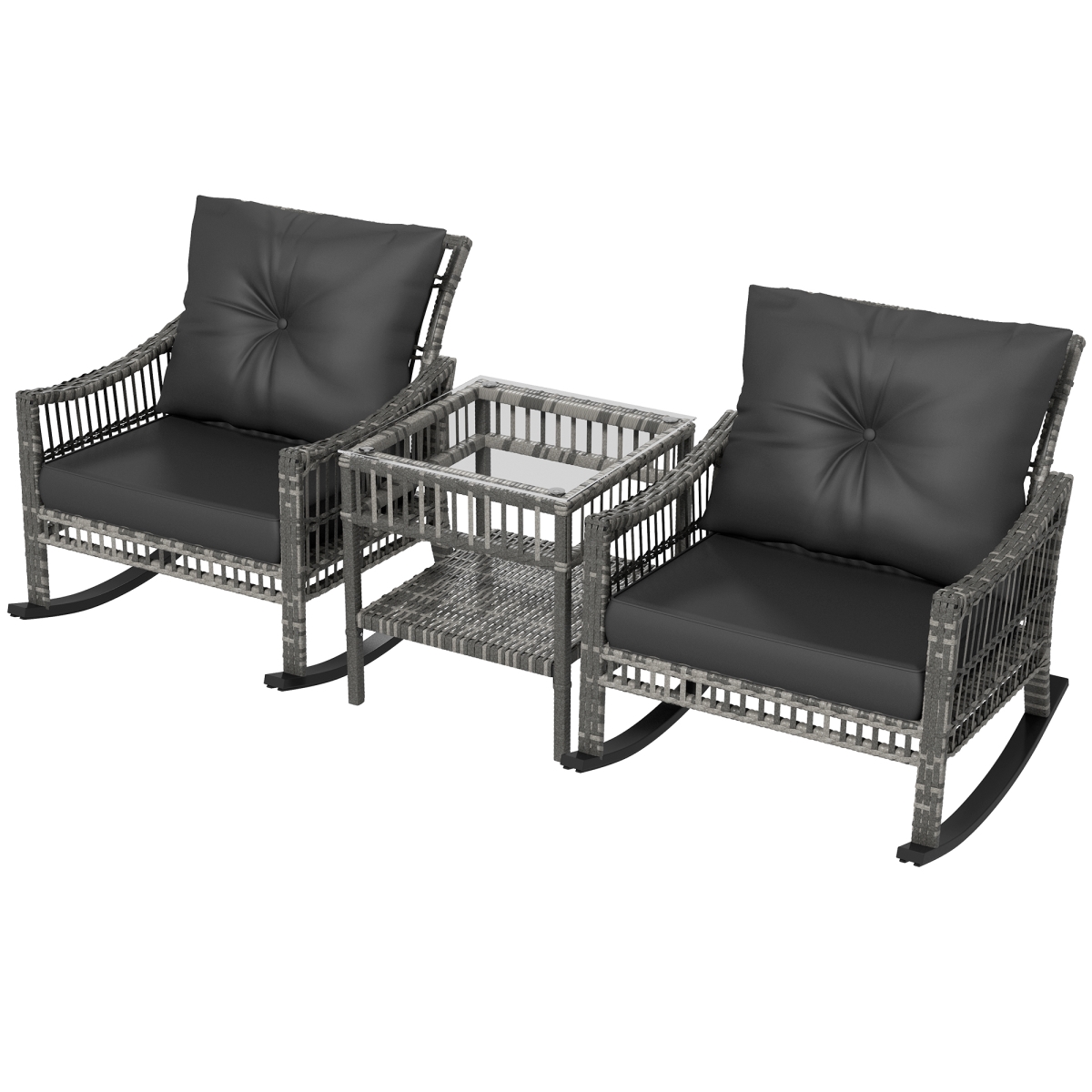 863-117V01GG Outsunny Outdoor PE Rattan Rocker Chair Set, Rocking Chair with Tempered Glass Table Top, Mixed Gray - 3 Piece