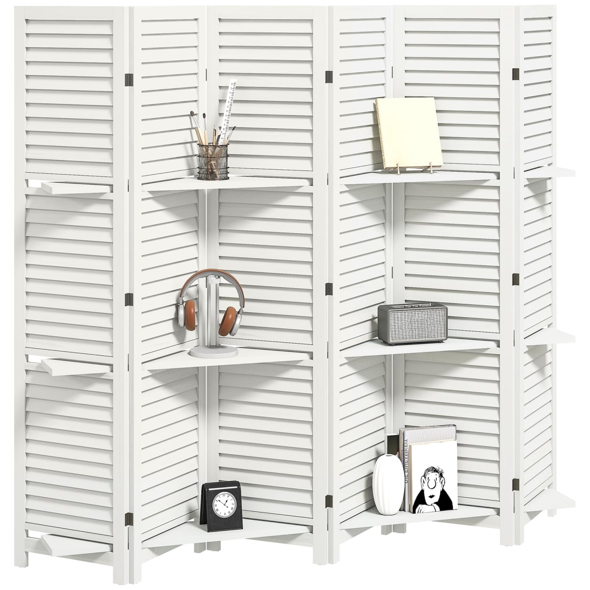 830-313V02WT 67 in. Tall HOMCOM 6 Panel Wood Privacy Screen Room Divider with 3 Shelves & Folding Storage for Bedroom, White