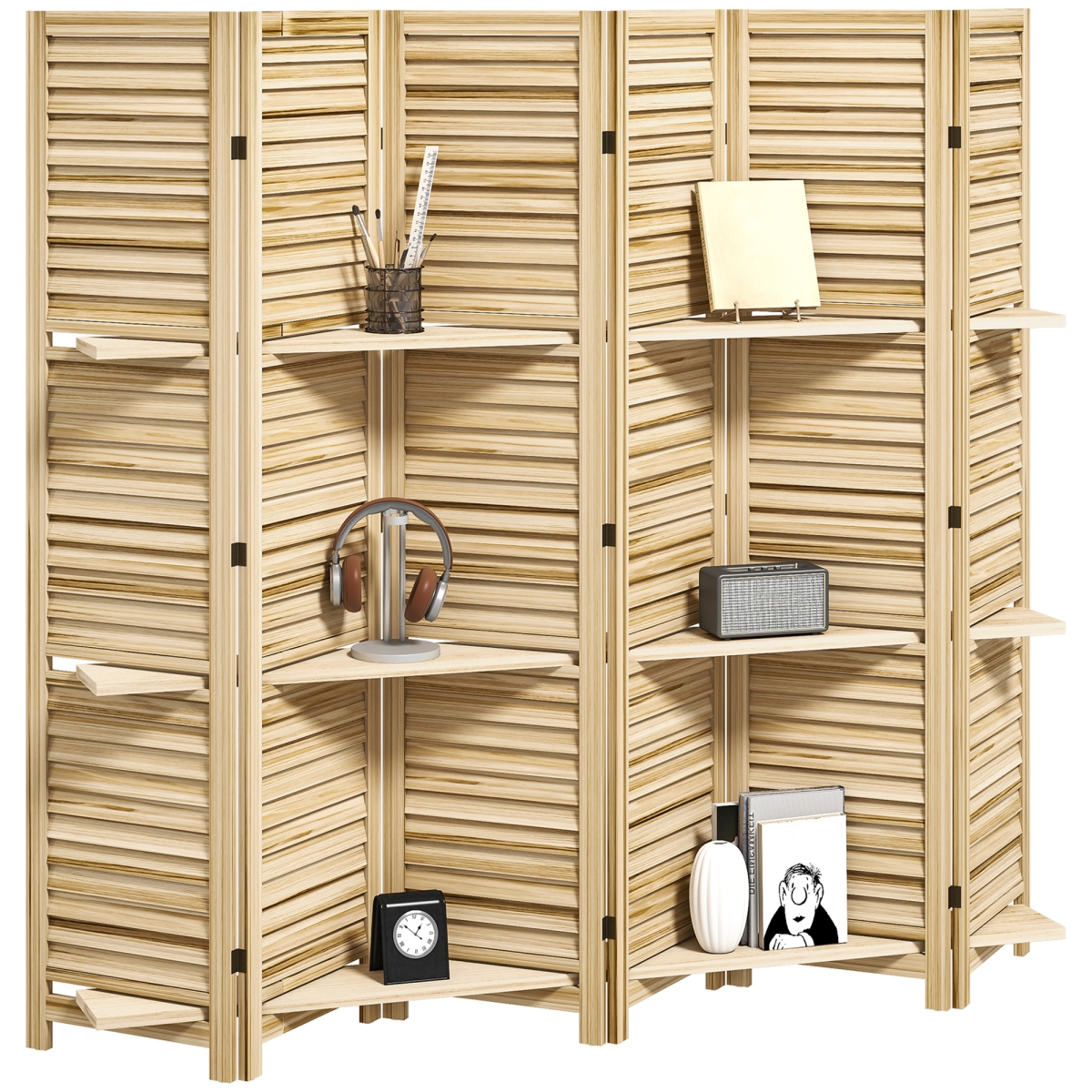 830-313V02BT 67 in. Tall HOMCOM 6 Panel Wood Privacy Screen Room Divider with 3 Shelves & Folding Storage for Bedroom, Natural Wood