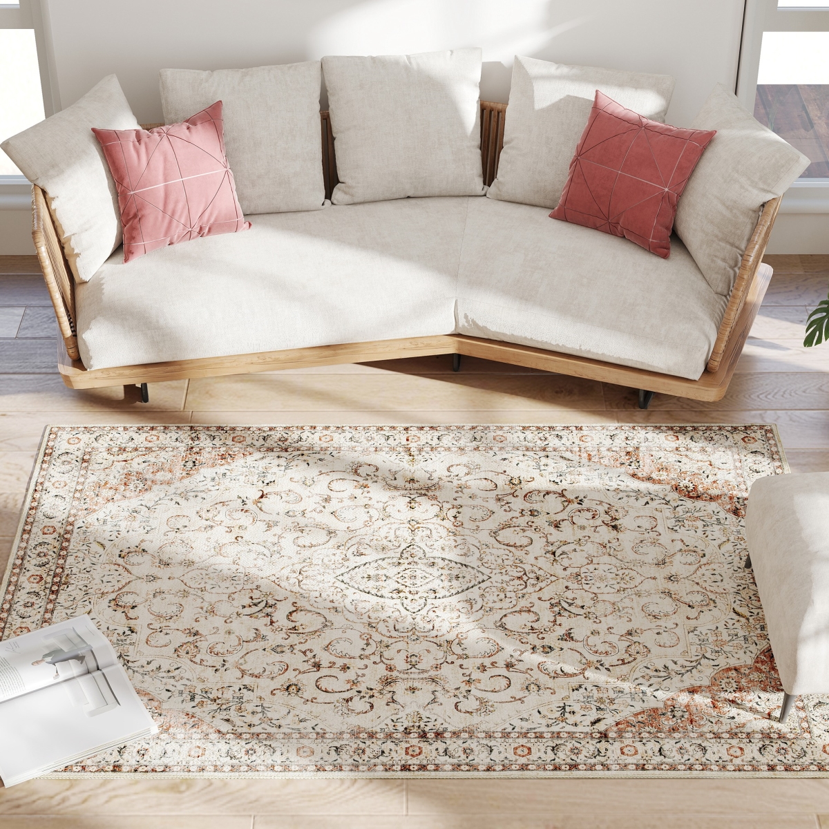 4 x 6 ft. HOMCOM Area Rug - Machine Washable Rug - Non-Slip Classical Floral Print Floor Carpet for Living Room, Bedroom - Mixed-Brown