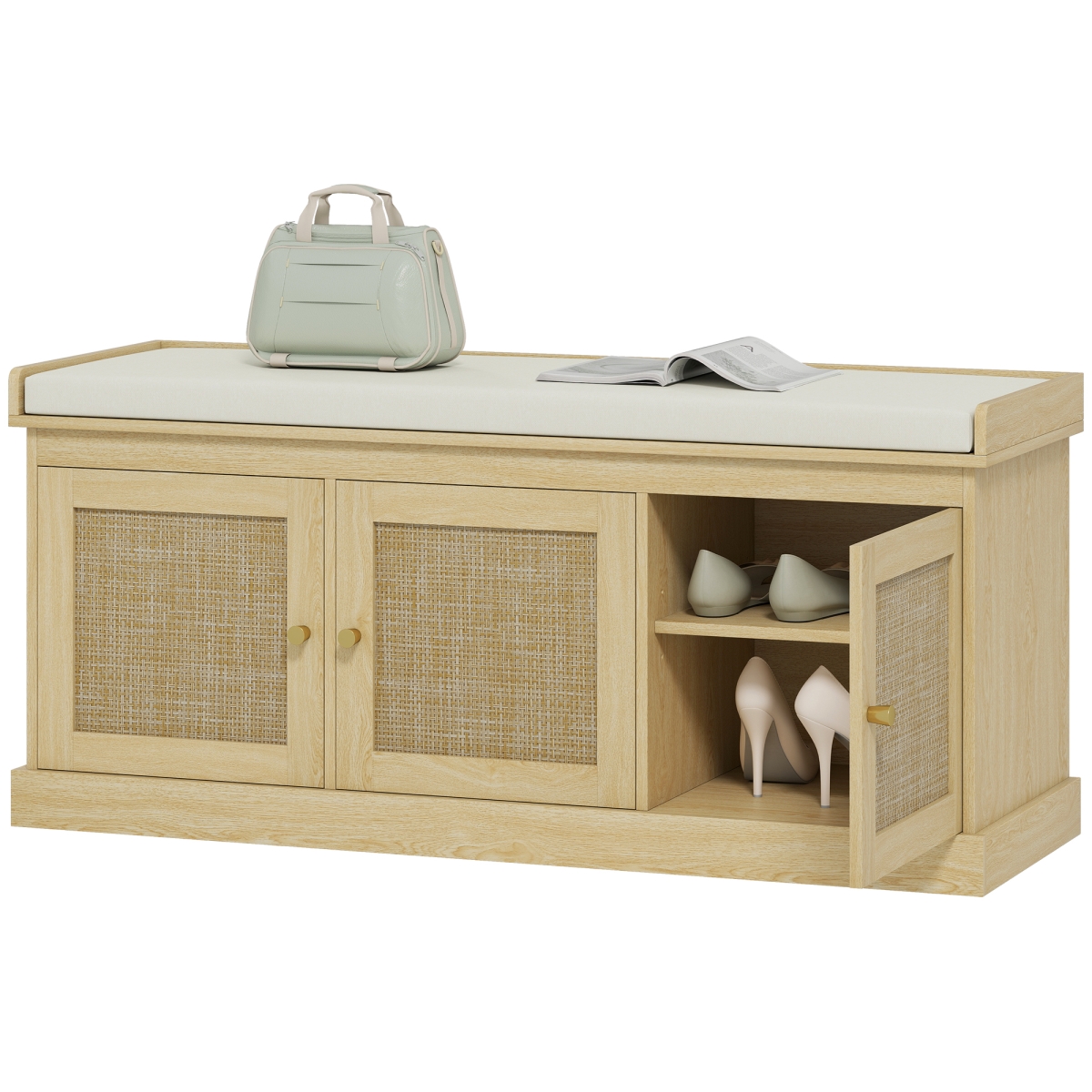HOMCOM Shoe Storage Bench with Woven Rattan Doors - Shoe Bench with Cushion, Adjustable Shelves, Entryway Bench - Oak Tone & Cream White