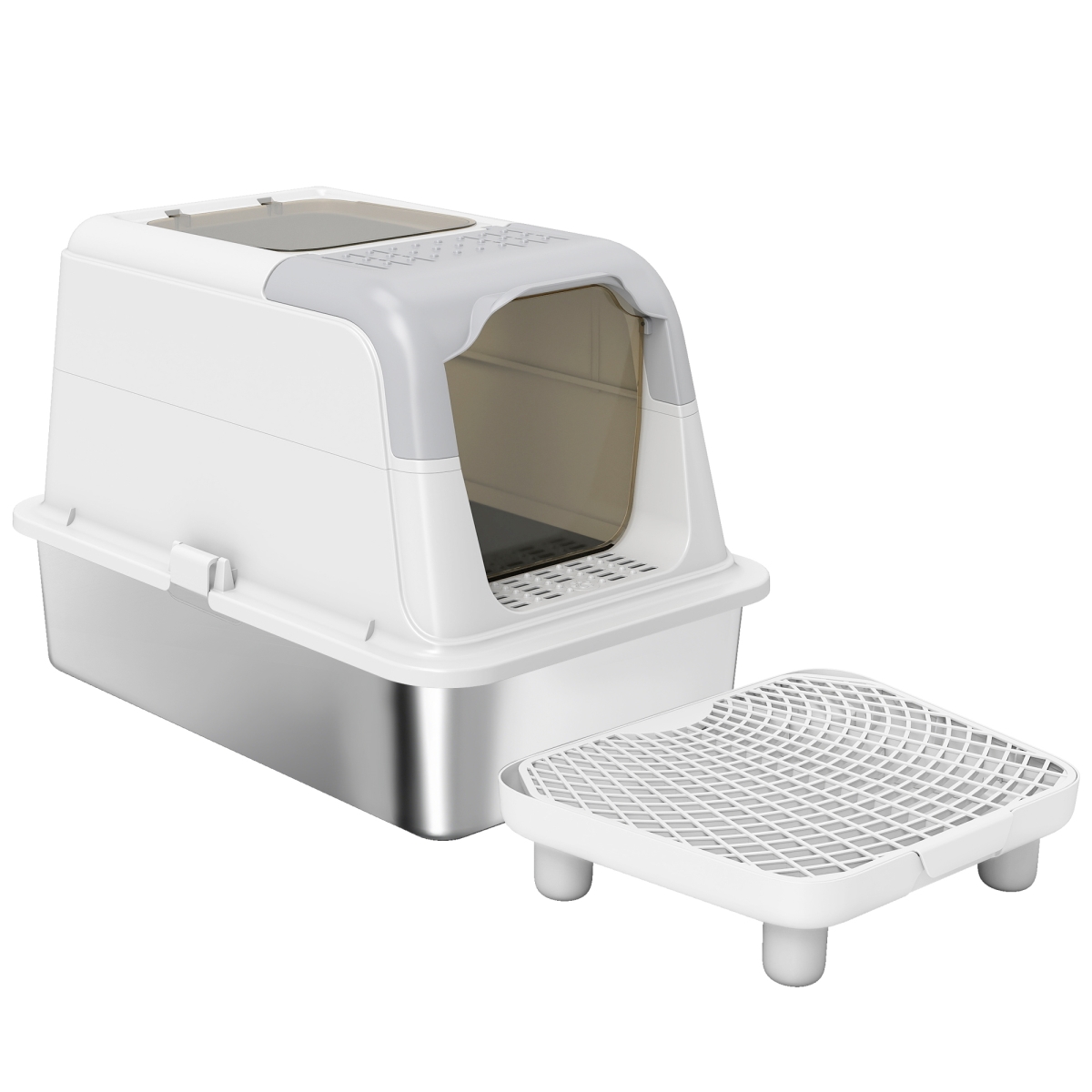 PawHut Stainless Steel Litter Box, Enclosed Cat Litter Box with Scoop, Deodorizer Bag & Sand Drop Pedal - Extra Large - White & Gray
