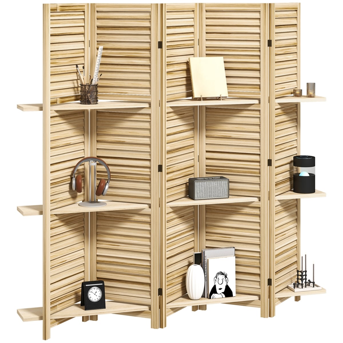 830-313V01BT 67 in. HOMCOM 5 Panel Tall Wood Privacy Screen Room Divider with 3 Shelves & Folding Storage for Bedroom, Natural Wood