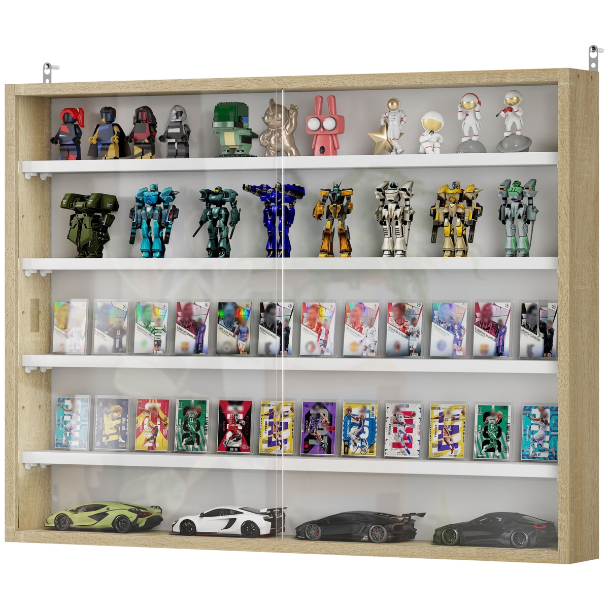 833-761V80AK HOMCOM 5-Tier Display Cabinet, Wall-Mounted Display Case with 2 Glass Doors & Adjustable Shelves, Oak & White