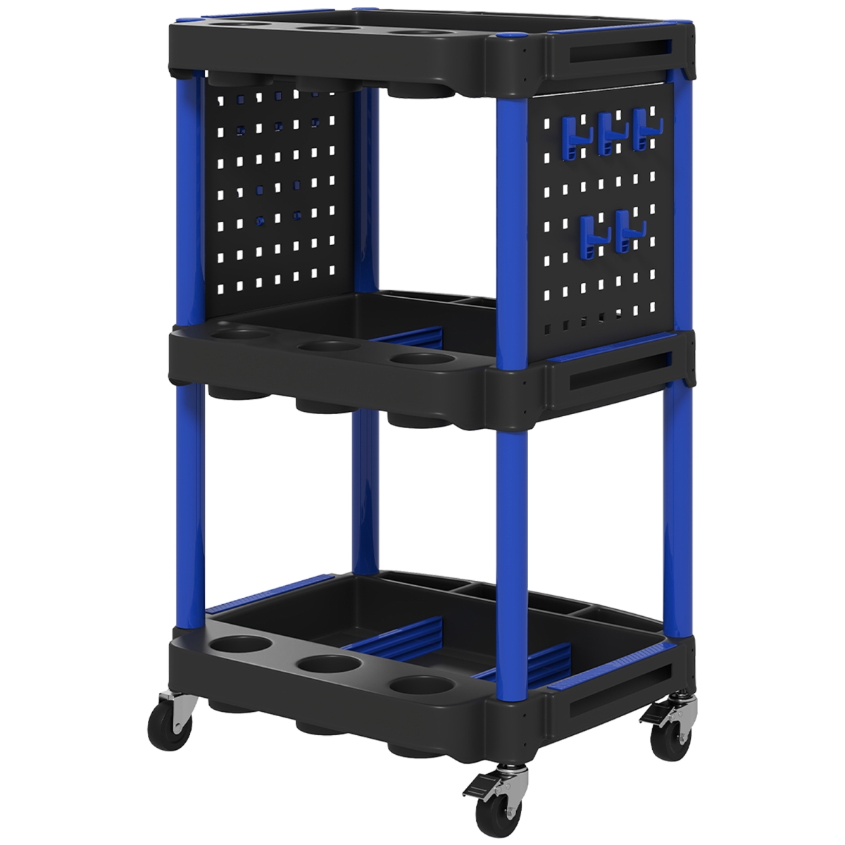 B20-115V00DB HOMCOM 3-Tier Rolling Tool Cart, 200 lbs Capacity Plastic Utility Cart with Side Shelves for Garage Workshop, Black & Dark Blue