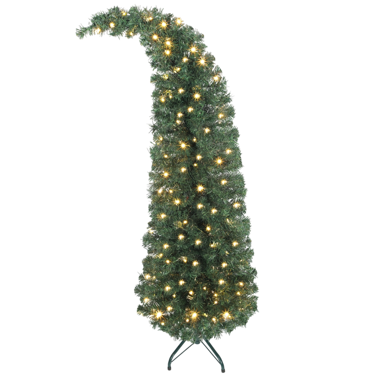 83C-083V80GN 5 ft. HOMCOM Prelit Bent Top Christmas Tree, Whimsical Xmas Tree Slim High Mountain Fir with 100 LEDs & Metal Stand, Green