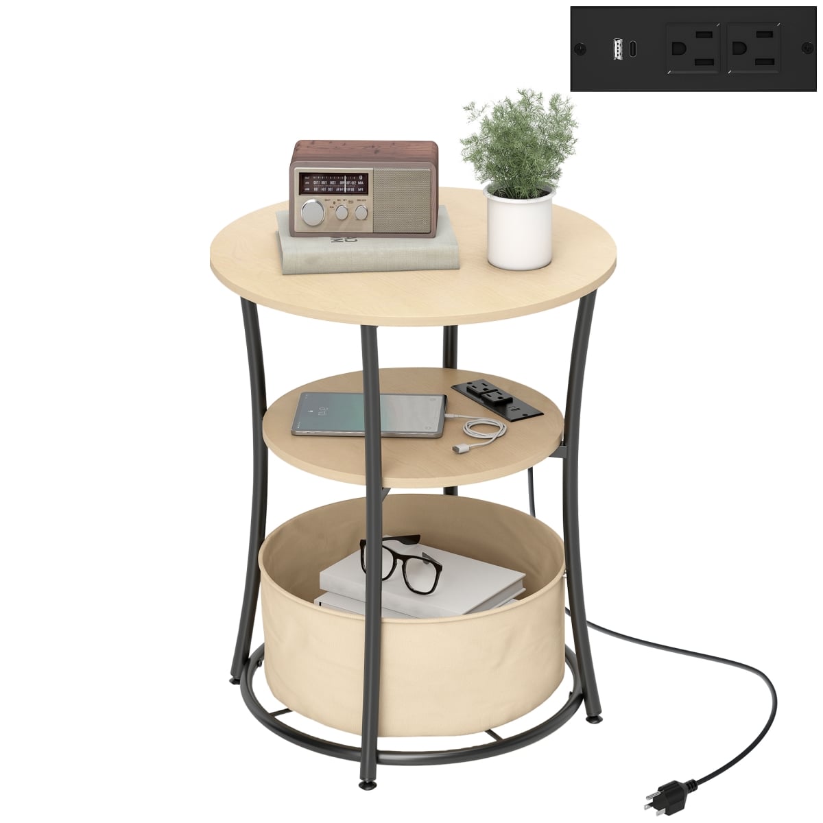 83B-395V80ND HOMCOM Round Side Table with Charging Station, 3-Tier End Table with Fabric Storage Bag & Shelf, Natural Wood
