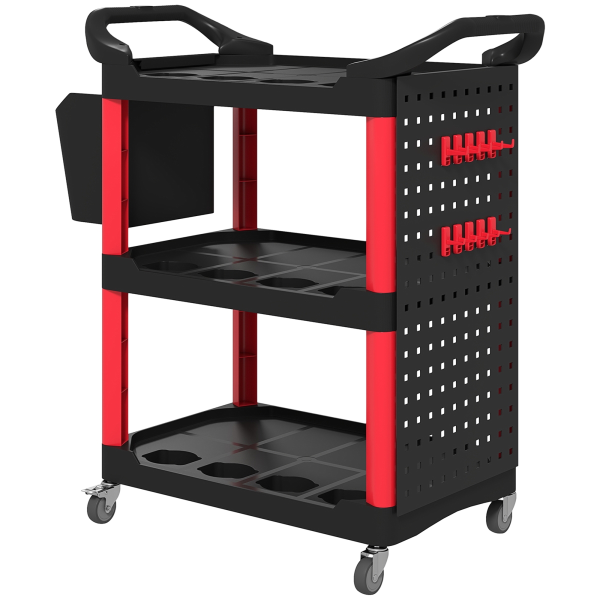 B20-114V01RD HOMCOM 3-Tier Rolling Tool Cart, 200 lbs Capacity Plastic Utility Cart with Side Shelf & Storage Bucket, Black & Red