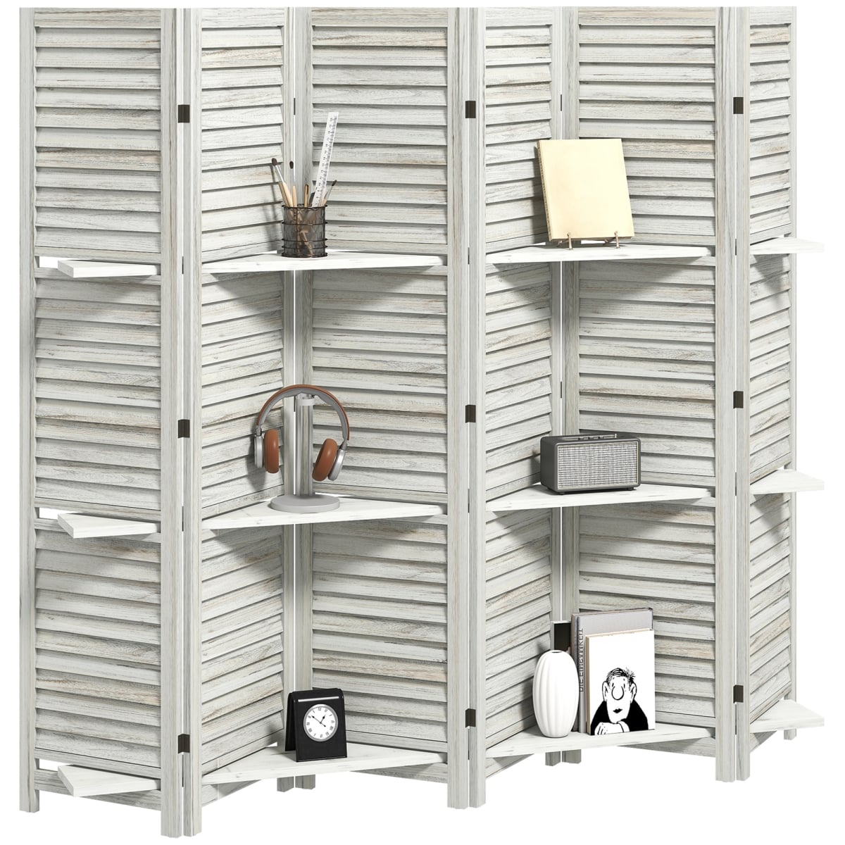 830-313V02MX 67 in. HOMCOM 6 Panel Tall Wood Privacy Screen Room Divider with 3 Shelves & Folding Storage for Bedroom, Distressed White