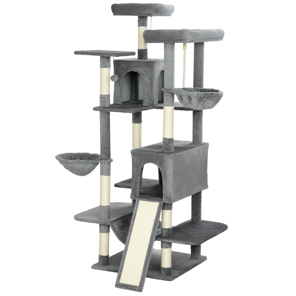 69 in. PawHut Cat Tree - Multi-Level Cat Tower with 2 Condos & 3 Hammocks - 8 Scratching Posts for Multiple Cats, Dark Gray & Cream White