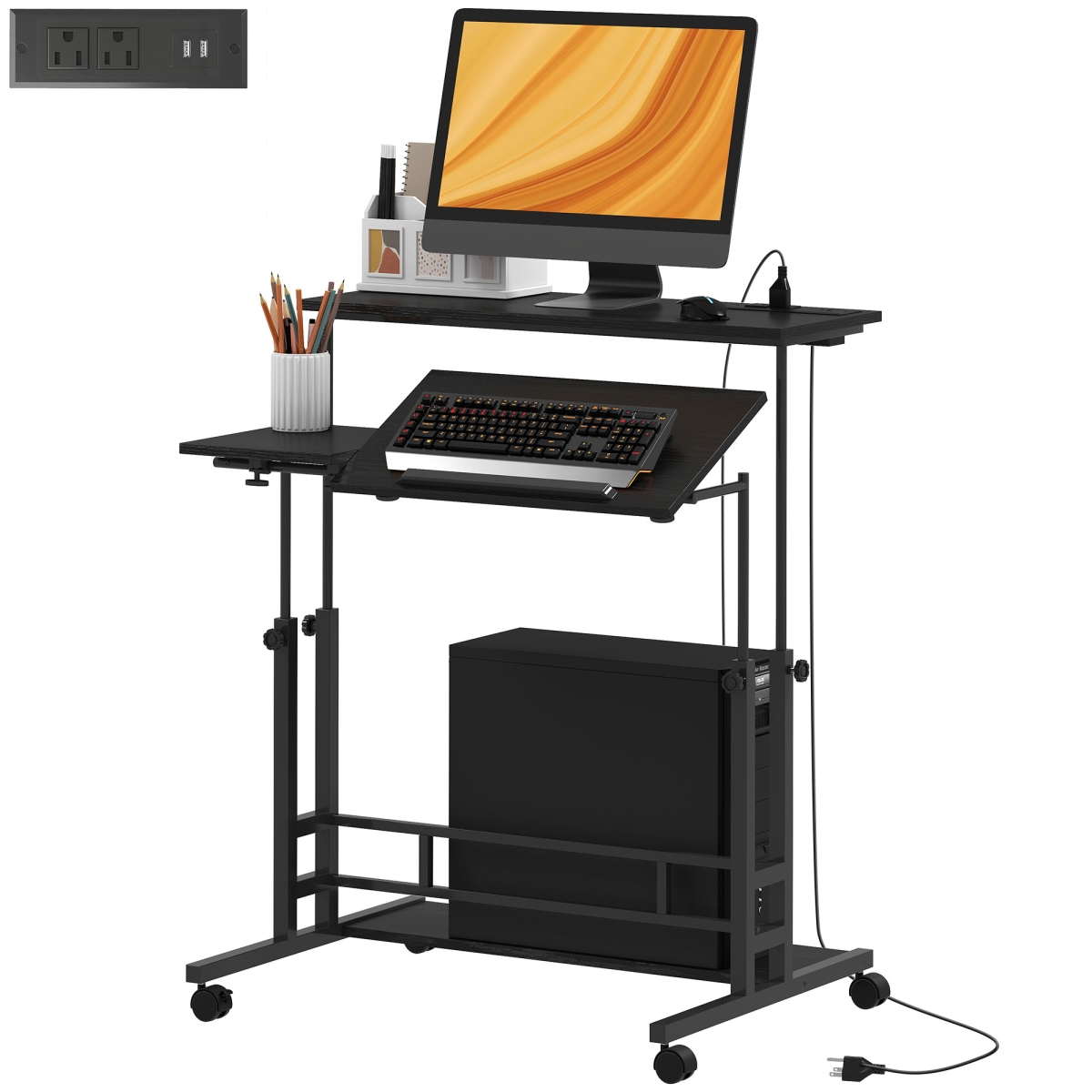 838-548V80BK HOMCOM Adjustable Standing Desk with Power Outlets - Stand Up Desk with Tiltable Tabletop - Wheels - Shelf for Home Office, Black