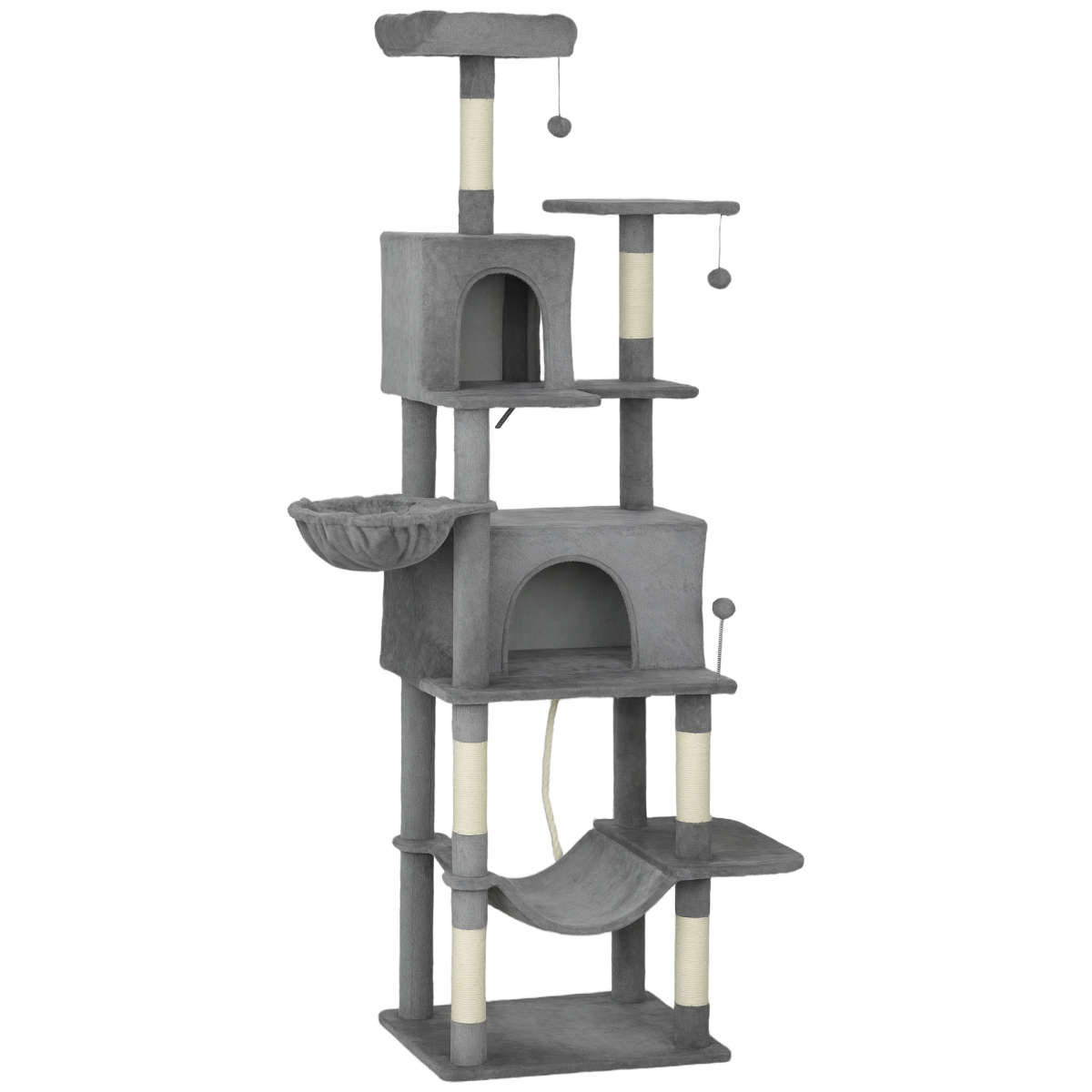 D30-952V00CG PawHut Multi-Level Cat Tower - 80 in. Tall Cat Tree with 2 Condos - 2 Hammocks - 6 Sisal Scratching Posts - Dark Gray & Cream White