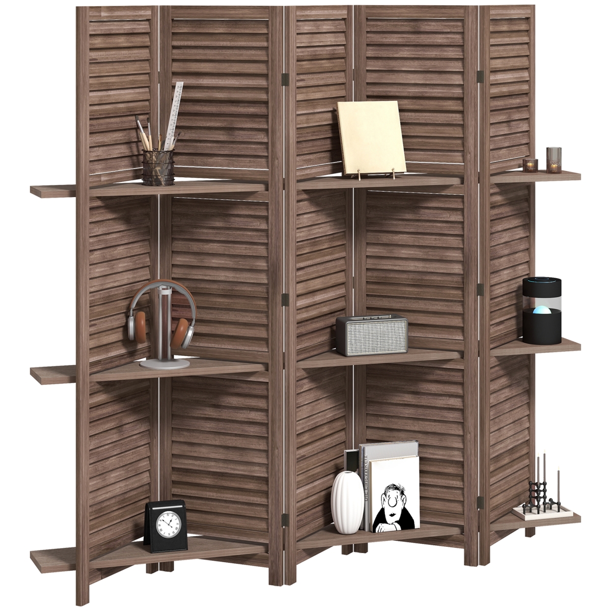 830-313V01WN HOMCOM 5 Panel 67 in. Tall Wood Privacy Screen Room Divider with 3 Shelves & Folding Storage for Bedroom - Walnut