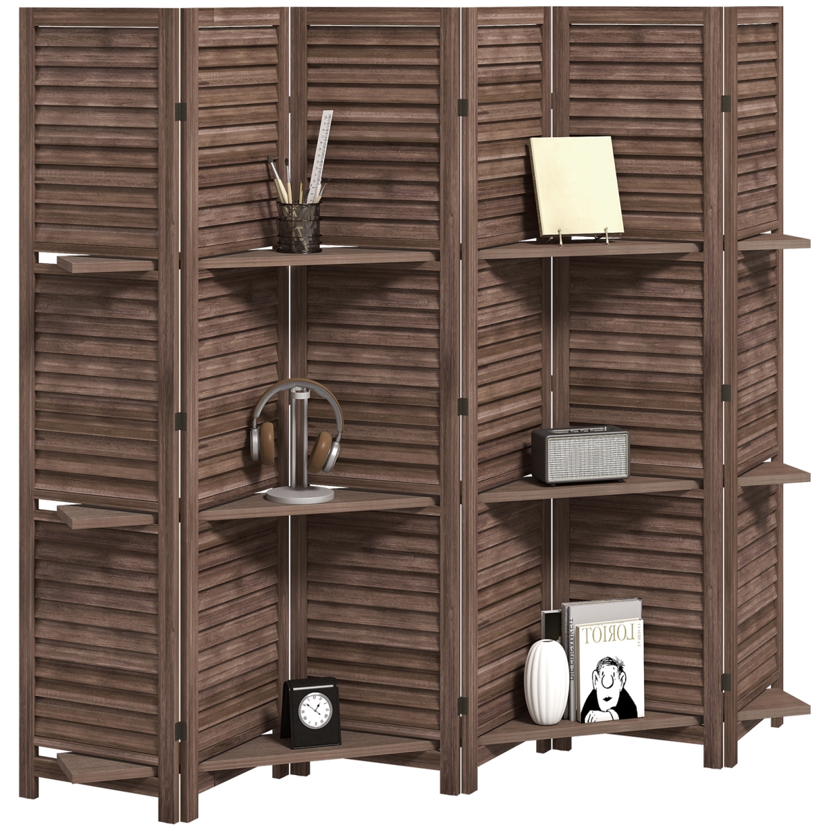 830-313V02WN HOMCOM 6 Panel 67 in. Tall Wood Privacy Screen Room Divider with 3 Shelves & Folding Storage for Bedroom - Walnut
