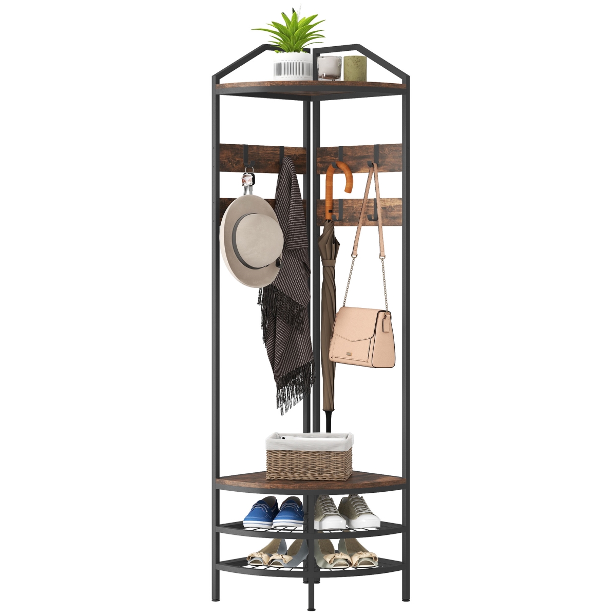 837-616V80RB HOMCOM Corner Hall Tree - Industrial 4-Tier Coat Rack with Shoe Storage - 8 Movable Hooks & 2 Shelves for Hallway - Rustic Brown