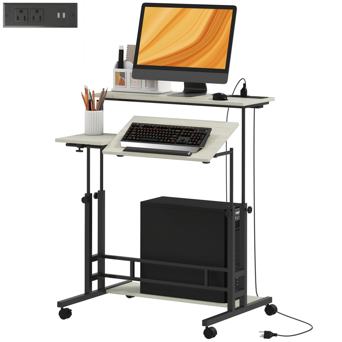 838-548V80AK HOMCOM Adjustable Standing Desk with Power Outlets - Stand Up Desk with Tiltable Tabletop - Wheels - Shelf for Home Office - Oak