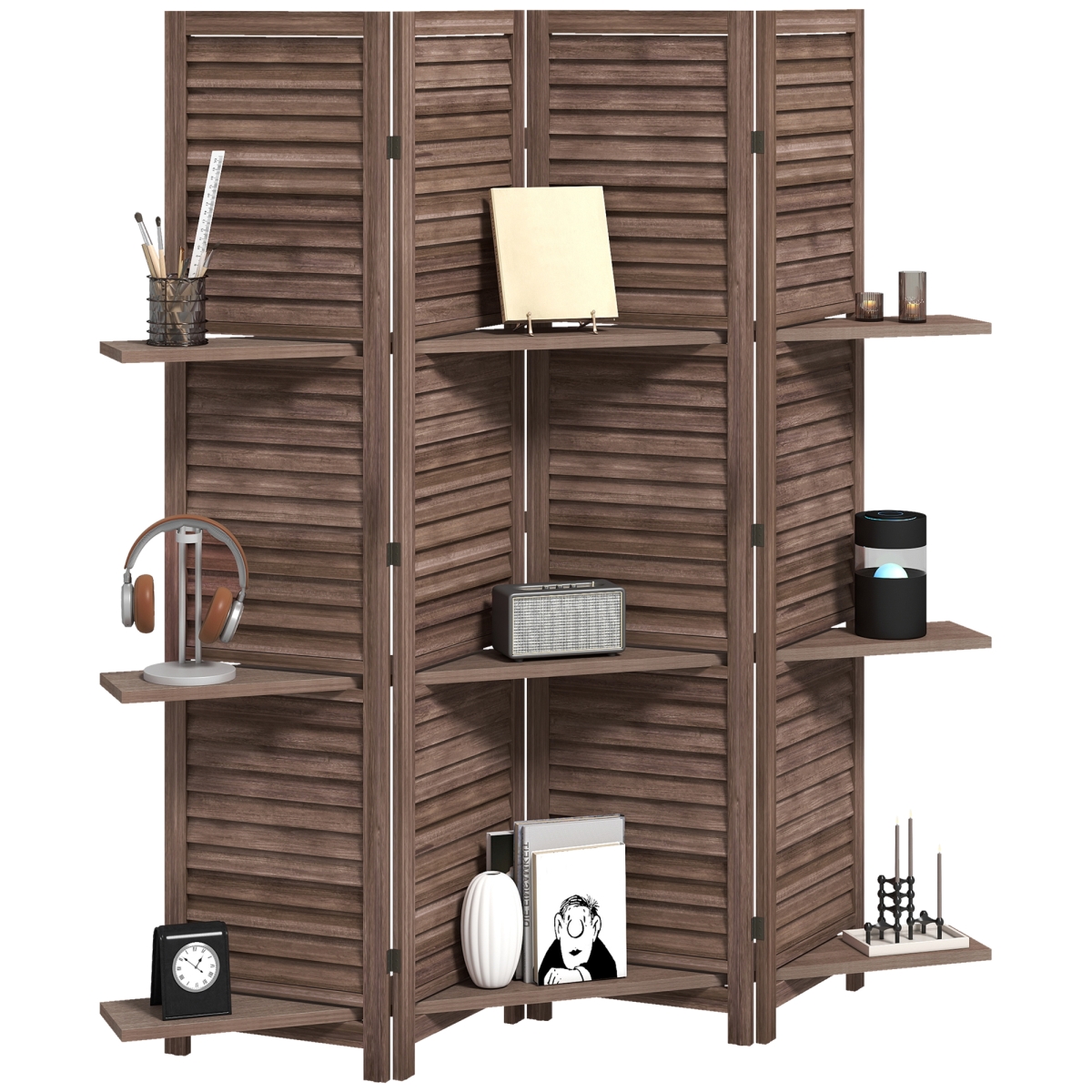 830-313V00WN 67 in. HOMCOM 4 Panel Tall Wood Privacy Screen Room Divider with 3 Shelves & Folding Storage for Bedroom - Walnut