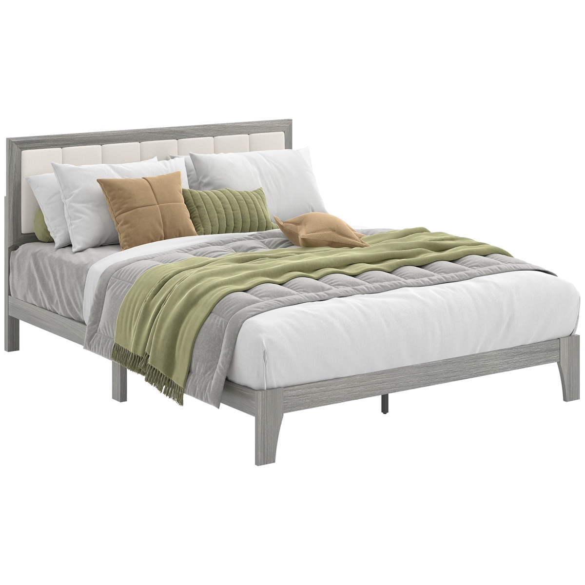 HOMCOM Bed Frame with Headboard Queen Platform Bed Frame with Wooden Slats No Box Spring Needed Easy Assembly - Gray & Beige - Queen Size