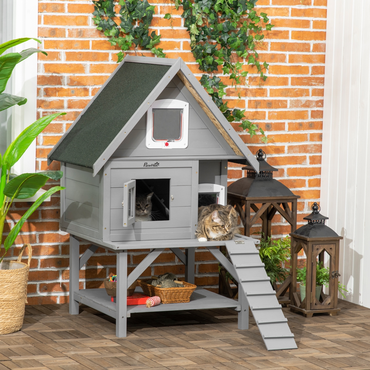 Picture of 212 Main D30-672V00CG 31.75 x 29.25 x 48 in. Pawhut Wooden Outdoor Cat House with Escape Door for 1-2 Feral Cats with Asphalt Roof&#44; Balcony & Stair - Dolphin Gray & Moss Green