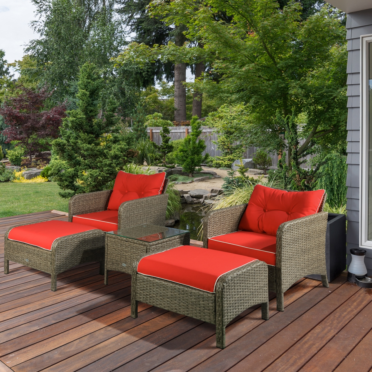 860-066RD Outsunny Rattan Wicker Lounge Chair Outdoor Patio Conversation Set with 2 Cushioned, Red - 5 Piece