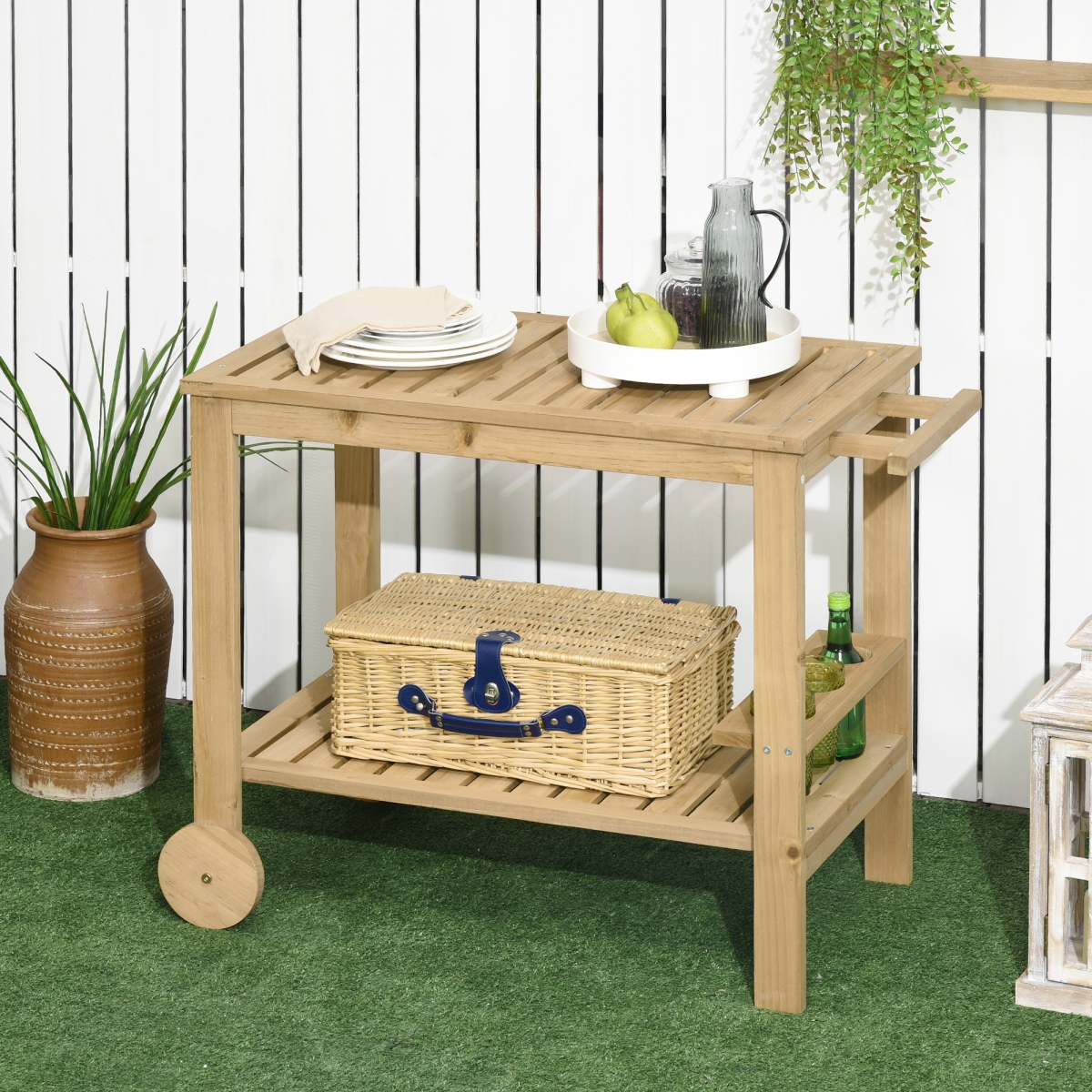 Picture of 212 Main 84B-998V00ND 37.5 x 18.5 x 29.25 in. Outsunny Outdoor Wood Rolling 2 Shelves Home Bar & Serving Cart with Wine Bottle Holders for Garden&#44; Dining Room - Natural