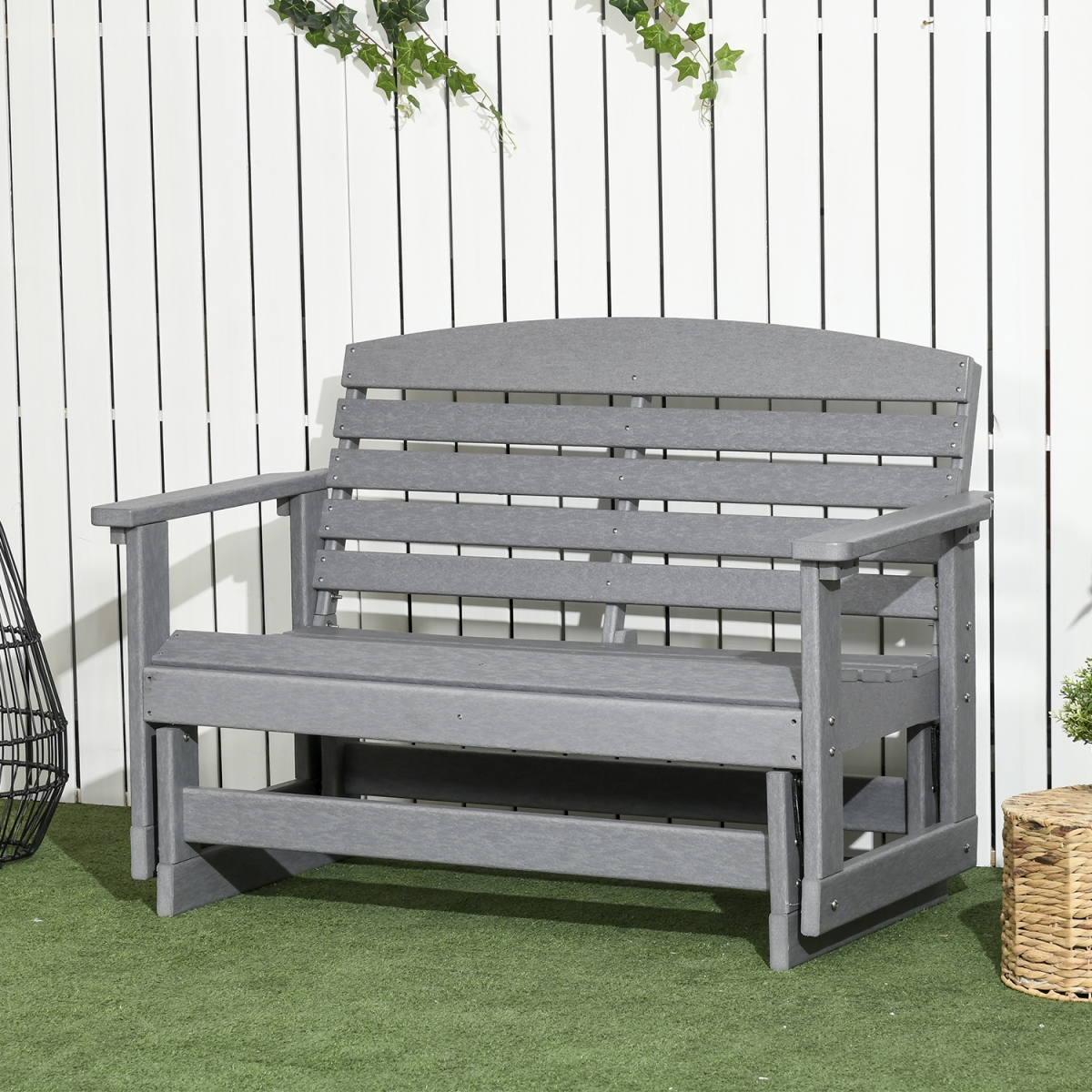 Outsunny 2-Person Outdoor Glider Bench Patio Double Swing Rocking Chair Loveseat with Slatted HDPE Frame for Backyard Garden Porch, Light Gray