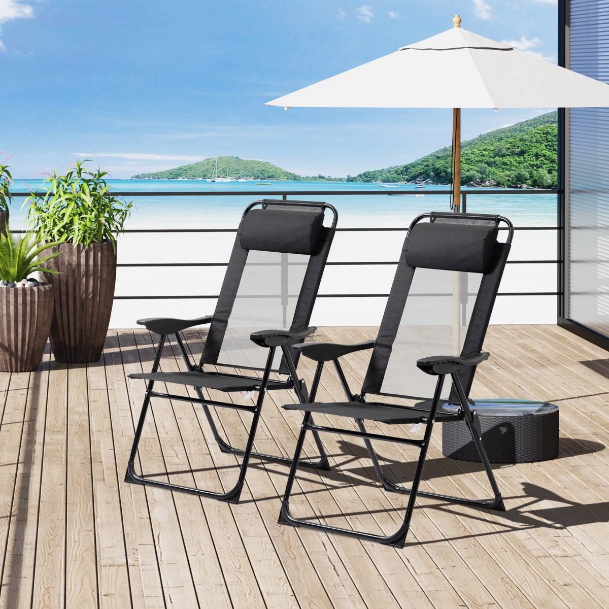 84B-902BK Outsunny Portable Folding Recliner Outdoor Patio Chaise Lounge Chair with Adjustable Backrest, Black - Set of 2